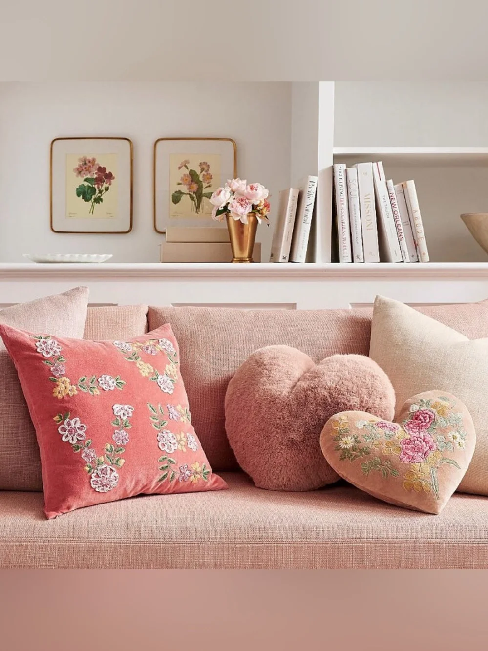 Pottery Barn Rose Pink Embroidered Floral Velvet Pillow Set of 2 (20x20)